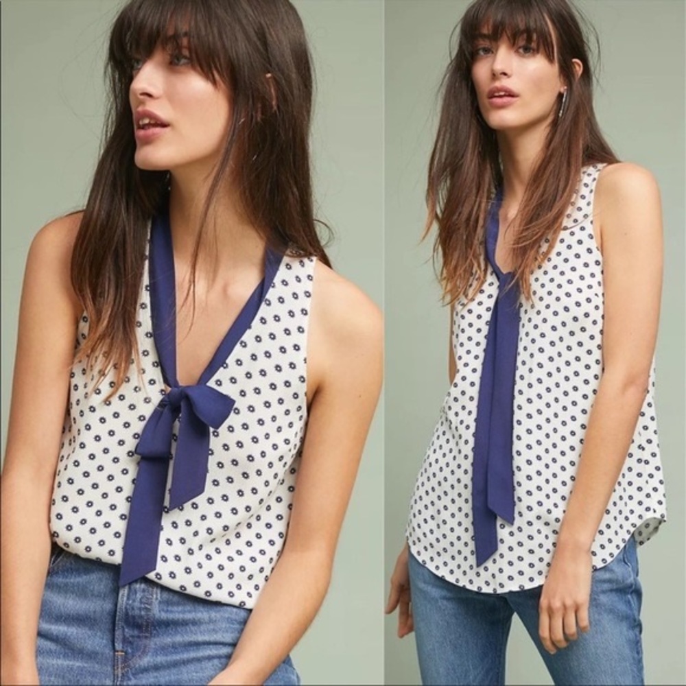 Maeve by Anthropologie Madison Floral Top in White & Navy Blue w/ Front Neck Tie